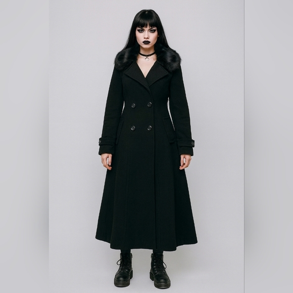 Sisley Black Wool Maxi Coat Faux Fur Collar 44 Italycore Dark Academia Gothic Wh